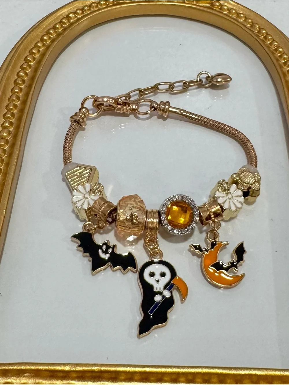 New Gold-Tone Halloween Charm Bracelet with Black & Orange Enamel Accents